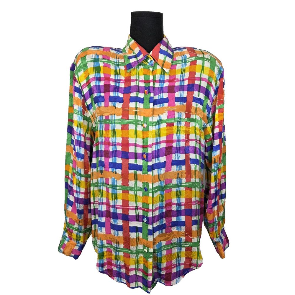 Vintage Corey B. Womens Size 8 Button Up 100% Silk Long Sleeve Shirt Crazy